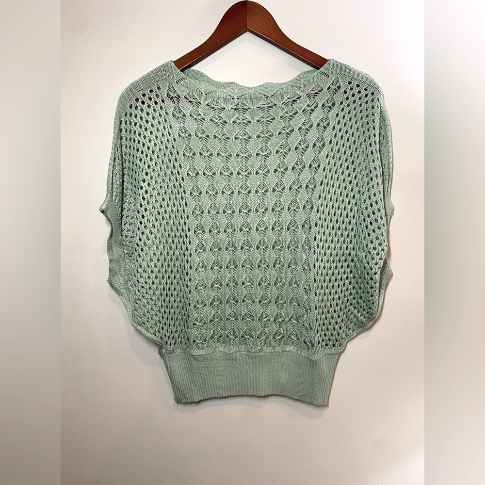Woman’s Elegant Open Knit Batwing Sweater in Soft Green like new